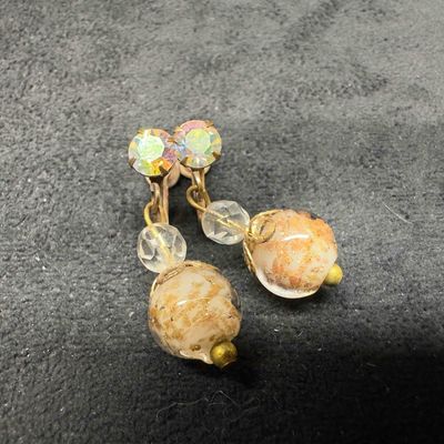 Sale Photo Thumbnail #442: Murano Venetian Art Glass Lamp Work Clear White Copper Round Bead Dangle Earrings D44