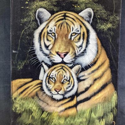 Original Vargas Black Velvet Painting Tiger & Cub