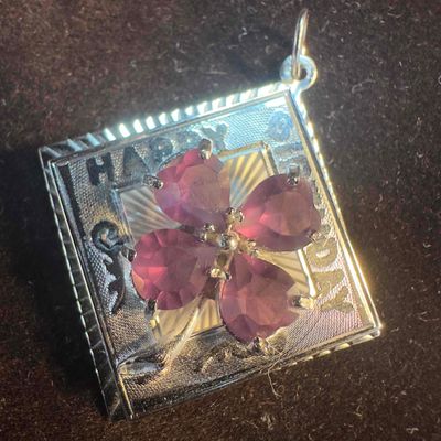 Sale Photo Thumbnail #204: Amethyst Purple Stone Flower M & M Sterling Silver Happy Birthday Square Pendant Z83