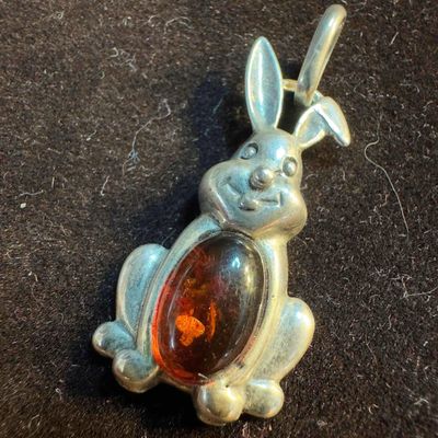 Sale Photo Thumbnail #233: Natural Amber Bunny Rabbit Necklace Pendant Sterling Silver B92