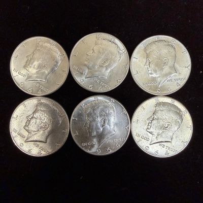 Lot of Six Kennedy Half Dollar 1964 Silver Coin .900 AB56