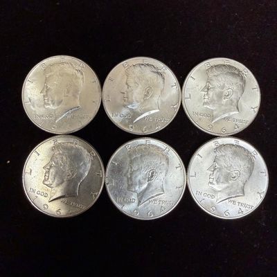 Lot of Six Kennedy Half Dollar 1964 Silver Coin .900 AB58
