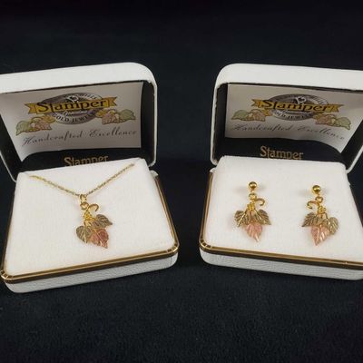 Sale Photo Thumbnail #228: 12K Gold Leaf Earrings and 10K Necklace Set by Stamper Genuine