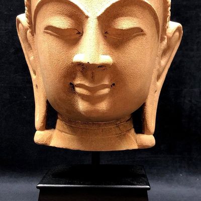 Sale Photo Thumbnail #360: Meditating Buddha Head Sculpture on Stand - Concrete