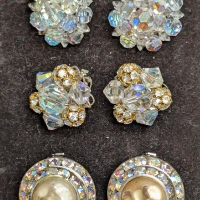 Sale Photo Thumbnail #321: Silver Tone Clear Bead Rhinestone Set Of 3 Clip On Earrings