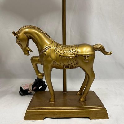 Sale Photo Thumbnail #407: Gold Resin Horse Motif Table Lamps with White Drum Shades