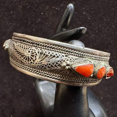 Sale Photo Thumbnail #391: Coral Intricate Ornate Silverwork Cuff Bangle Silver Bracelet