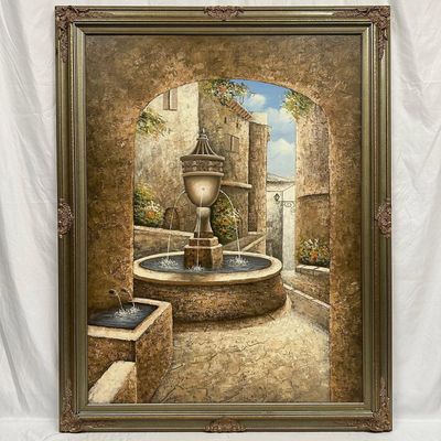 Signed Fountain Courtyard Oil Painting on Canvas Tuscan Village Scene Large Artwork