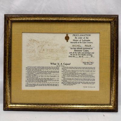 Sale Photo Thumbnail #152: Michel Roux Honorary Cajun Proclamation Lafayette Louisiana Framed Award
