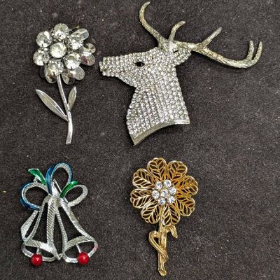 Sale Photo Thumbnail #433: Vintage Deer Stag Flower Bells Rhinestone Brooch Pins Lot Of 4