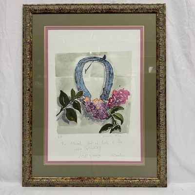 Sale Photo Thumbnail #383: Framed Watercolor Lithograph Art Print by Manolis Horseshoe and Lilacs Signed Personal Inscription