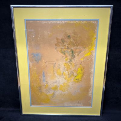 Signed Contemporary Mixed Media Still Life Drawing Watercolor Style