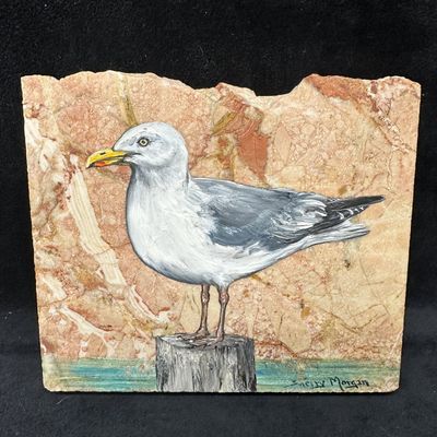 Sale Photo Thumbnail #401: Unique Hand Painted Seagull Marble Granite Stone Base by Sherry Morgan