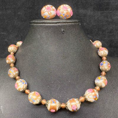 Murano Venetian Art Glass Lamp Work White Floral Fiorato Beaded Necklace and Earrings Set C52