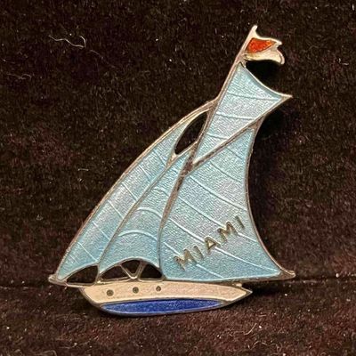 Sale Photo Thumbnail #348: Vintage Blue Guilloche Enamel Sail Boat Miami Brooch