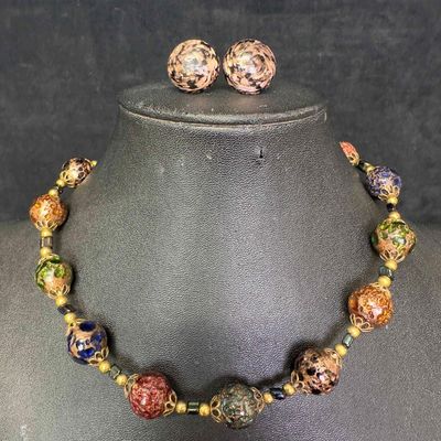Sale Photo Thumbnail #446: Murano Venetian Lamp Work Glass Dark Colored Round Bead Necklace and Copper Accent Earrings Set A41