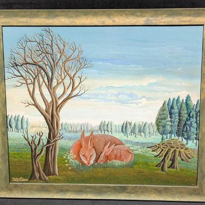 Sale Photo Thumbnail #492: Fritz St Jean Original Oil On Panel Sleeping Hares Haitian Art