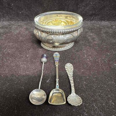 Sale Photo Thumbnail #115: Sterling Silver Mini Spoon Set and Silver Plated Glass Trinket Dish