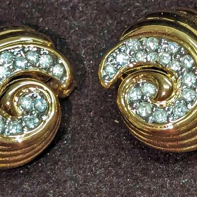 Sale Photo Thumbnail #111: Nolan Miller Gold Domed Rhinestone Swirl Clip Earrings