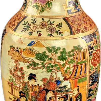 Sale Photo Thumbnail #413: Vintage Satsuma Ladies 13 1/2" Porcelain Temple Vase