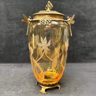 Sale Photo Thumbnail #328: Castilian Art Nouveau Style Amber Glass Lidded Vase with Brass Mounts and Dragonfly Motifs