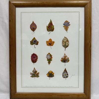 Sale Photo Thumbnail #377: Framed Mixed Media Botanical Artwork by Johanne Olivain Painted Flowers on Natural Leaves
