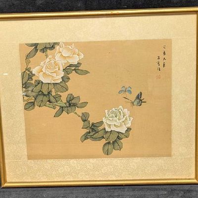 Sale Photo Thumbnail #486: Framed Vintage Watercolor On Silk Butterfly & Flowers