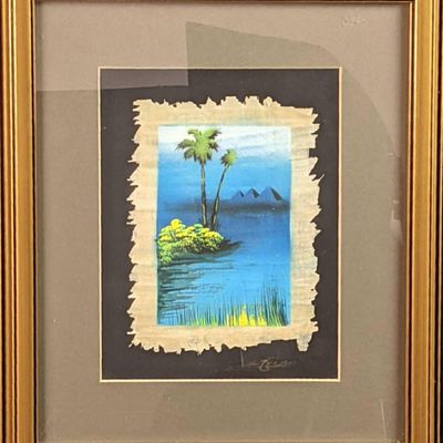 Sale Photo Thumbnail #416: Original Framed Oil On Papyrus Daytime Pyramids Egyptian