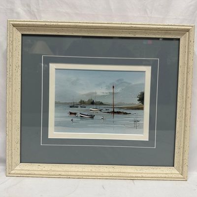 Sale Photo Thumbnail #495: Framed Coastal Harbor Watercolor Painting Boats at Low Tide Artist Signed