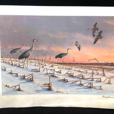 Sale Photo Thumbnail #191: Signed & Numbered Print Of "Christmas Morning Cranes" By Owen J. Gromme With Personalized Note