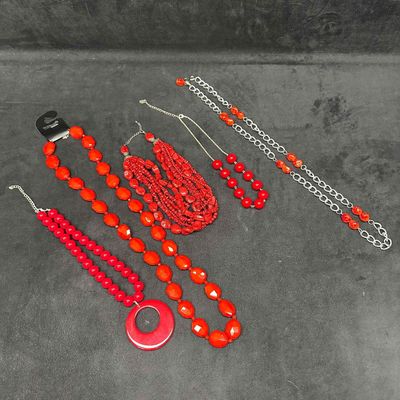 Sale Photo Thumbnail #489: Costume Jewelry Red Plastic Faux Stone Necklace Set Lot of 5 Five Necklaces H39