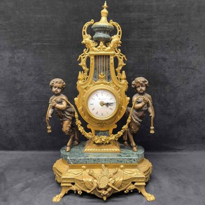 Sale Photo Thumbnail #350: Franz Hermle Imperial Italian Mantle Clock Marble and Brass Cherub Angel Mid 20th Century Style R119