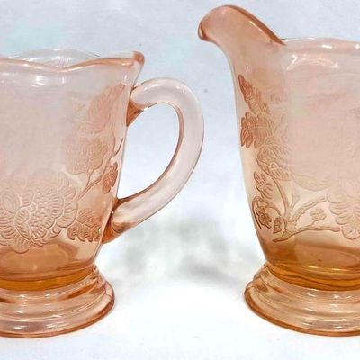 Sale Photo Thumbnail #249: Royal Lace Pink Depression Cream & Sugar Glassware