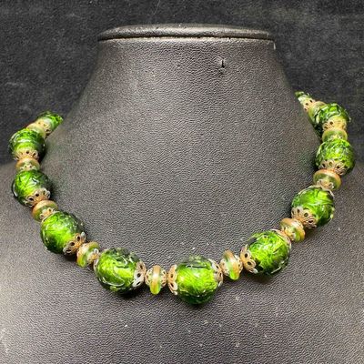 Sale Photo Thumbnail #430: Murano Venetian Lamp Work Art Glass Dark Green Beaded Necklace C73