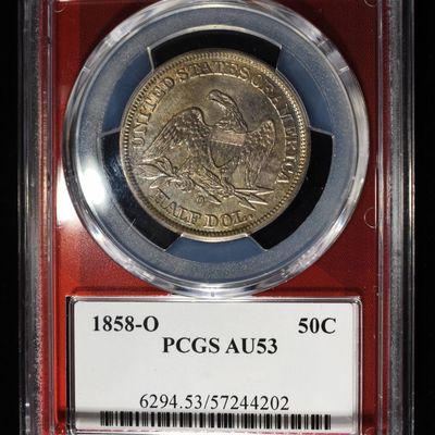 1858-O SEATED LIBERTY HALF DOLLAR PCGS AU-53