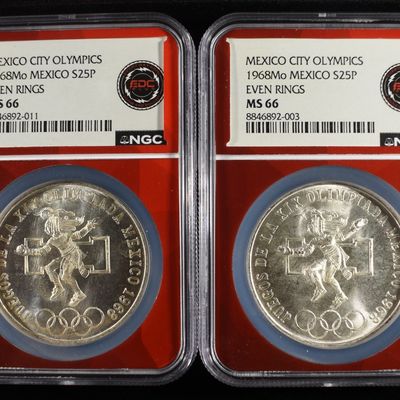 (2) 1968 25 PESOS MEXICO 72% SILVER NGC MS66