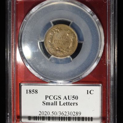 1858 SMALL LETTERS FLYING EAGLE CENT PCGS AU-50