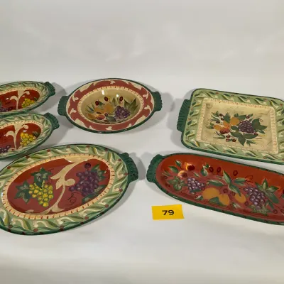 Sale Photo Thumbnail #21: Six-piece set of hand-painted ceramic serving platters and bowls featuring a Tuscan-style fruit motif with grapes, pears, and green leaf borders.