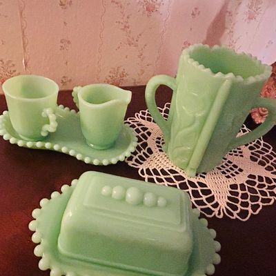 Jadeite pitcher and butter dish 