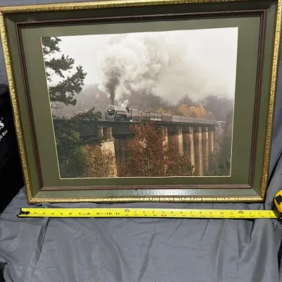 TITLE: Vintage Steam Locomotive Train On Viaduct Bridge Framed Lithograph Art Print 
