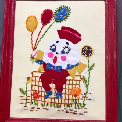 Vintage 1970s Bucilla Humpty Dumpty Fabric Applique Crewel Embroidery Framed Art