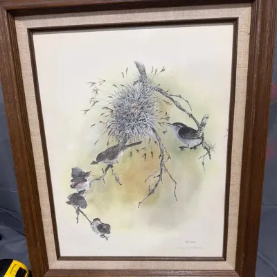 TITLE: Nancy McGowan Signed Vintage Framed Bird Nest Watercolor Art Print Wood Frame 