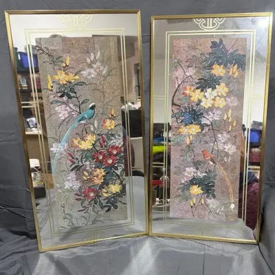 Vintage Mid Century Asian Chinoiserie Silk Painting Mirror Framed Wall Art Pair 2 