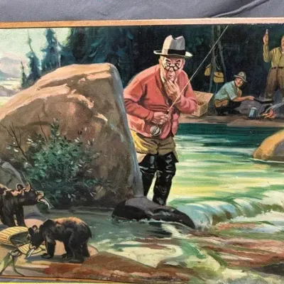 TITLE: Vintage Hy Hintermeister Fisherman And Bear Cubs Lithograph Framed Art Print 
