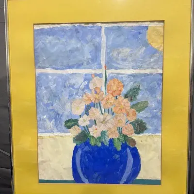 TITLE: Vintage Floral Still Life Watercolor Gouache Painting Flowers In Blue Vase Framed  
