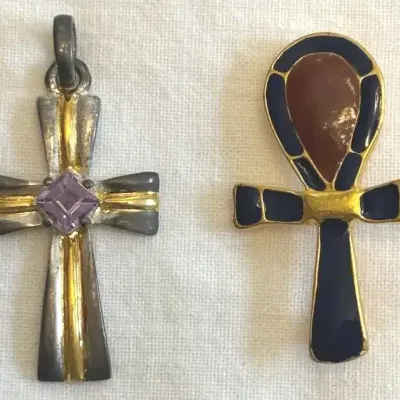 Sterling And Amethyst Cross Pendant & Enamel Cartouche