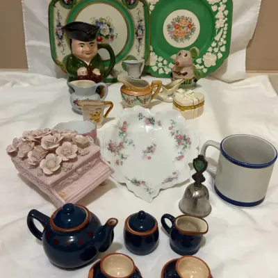 Vintage Porcelain & Ceramic Lot - Plates, Mini Tea Set, Figurines, Creamers