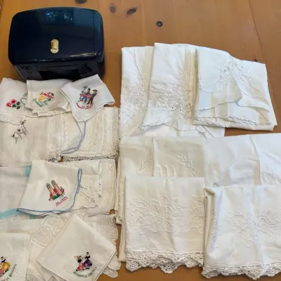 Vintage Handkerchiefs, Jewelry Box And Pillowcases