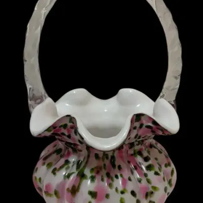 Fenton 95th Anniversary Legacy Glass Basket Pink Green Splatter Clear Handle Signed 