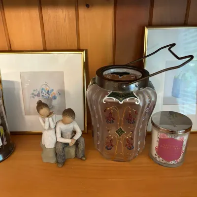 Glass Painted Lantern, Framed Prints & Willow Tree Figurine